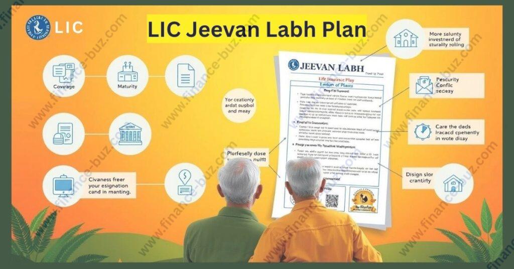 A meticulously detailed illustration of the LIC Jeevan Labh Plan, showcasing its key features and benefits. Set against a warm, inviting backdrop, the image depicts a life insurance policy document prominently displayed, surrounded by carefully arranged icons and graphical elements. The foreground highlights the plan's coverage, maturity, and investment aspects, while the middle ground features a retired couple basking in financial security. The background subtly incorporates the LIC brand identity, creating a cohesive and visually appealing composition that effectively conveys the essence of the Jeevan Labh Plan. LIC Jeevan Labh Plan, showcasing its key features and benefits.