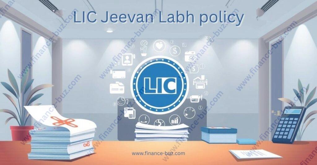 An elegant illustration of the premium payment modes for LIC Jeevan Labh policy, showcasing a refined financial landscape. In the foreground, a central medallion displays the LIC logo, surrounded by a mosaic of payment icons - cash, cheque, bank transfer, and digital wallets. The middle ground features stacks of documents and a calculator, conveying the administrative process. The background depicts a sophisticated office interior with clean lines, neutral tones, and subtle lighting, creating a professional, trustworthy atmosphere. The overall composition emphasizes the reliability and convenience of the premium payment options available for this LIC insurance plan. The premium payment modes for LIC Jeevan Labh policy