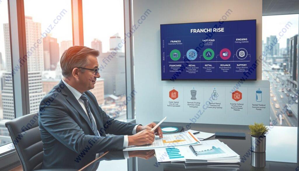 A bustling corporate office with a large window overlooking a city skyline. In the foreground, a well-dressed business executive is sitting at a desk, reviewing financial documents and charts. On the desk, there are icons and symbols representing different franchise business models, such as fast food, retail, and service-based operations. The middle ground features a wall-mounted display with a visual representation of the franchise life cycle, from initial investment to ongoing royalties and support. The background showcases the city outside, with skyscrapers and busy streets, conveying the sense of a thriving business environment. The lighting is bright and professional, with a subtle hue of warmth to create an atmosphere of growth and opportunity. A bustling corporate office with a large window overlooking a city skyline. In the foreground, a well-dressed business executive is sitting at a desk, reviewing financial documents and charts. On the desk, there are icons and symbols representing different franchise business models, such as fast food, retail, and service-based operations. The middle ground features a wall-mounted display with a visual representation of the franchise life cycle, from initial investment to ongoing royalties and support. The background showcases the city outside, with skyscrapers and busy streets, conveying the sense of a thriving business environment. The lighting is bright and professional, with a subtle hue of warmth to create an atmosphere of growth and opportunity.