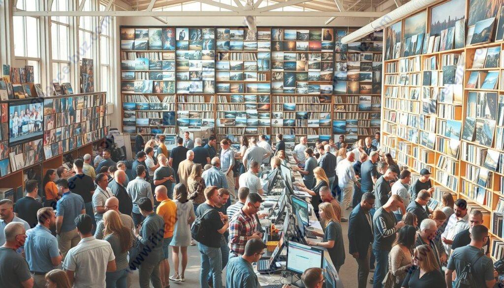 A bustling stock photography market, bathed in warm, natural light. In the foreground, a diverse array of photographers and content creators network, discussing portfolios and negotiating licenses. In the middle ground, rows of sleek workstations where researchers and art directors scour digital catalogs, searching for the perfect image to accompany their latest projects. And in the background, towering shelves brimming with neatly organized stock imagery, representing a vast visual repository of the human experience. The atmosphere is one of collaboration, creativity, and the shared pursuit of visual storytelling in a digital age. A bustling stock photography market, bathed in warm, natural light. In the foreground, a diverse array of photographers and content creators network, discussing portfolios and negotiating licenses. In the middle ground, rows of sleek workstations where researchers and art directors scour digital catalogs, searching for the perfect image to accompany their latest projects. And in the background, towering shelves brimming with neatly organized stock imagery, representing a vast visual repository of the human experience. The atmosphere is one of collaboration, creativity, and the shared pursuit of visual storytelling in a digital age.