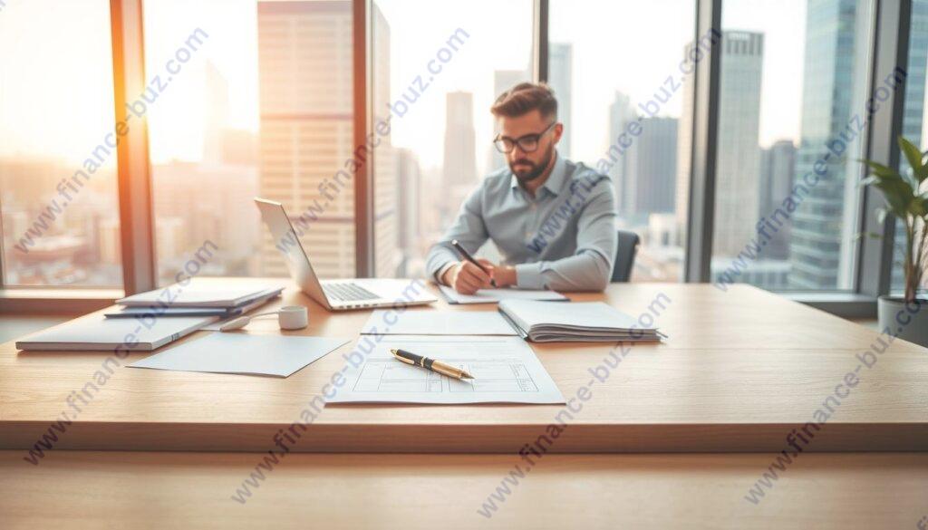 A clean, well-lit office space with a large wooden desk in the foreground. On the desk, there are various documents, a laptop, and a pen resting on a notepad. In the middle ground, a person is sitting at the desk, intently focused on the documents, with a serious expression on their face. The background features floor-to-ceiling windows with a cityscape visible outside, bathed in warm, natural light. The overall atmosphere conveys a sense of professionalism, diligence, and business planning. A clean, well-lit office space with a large wooden desk in the foreground. On the desk, there are various documents, a laptop, and a pen resting on a notepad. In the middle ground, a person is sitting at the desk, intently focused on the documents, with a serious expression on their face. The background features floor-to-ceiling windows with a cityscape visible outside, bathed in warm, natural light. The overall atmosphere conveys a sense of professionalism, diligence, and business planning.