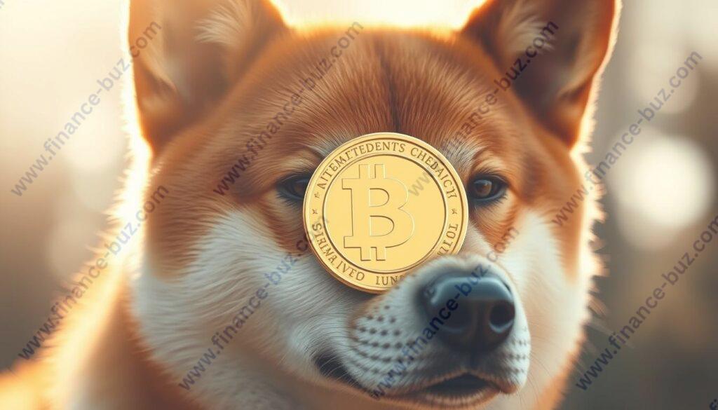 A close-up, highly detailed render of a Shiba Inu dog head in a neutral pose, with a gleaming golden coin placed prominently in the center of the frame. The dog's fur appears soft and fluffy, with individual strands visible. Warm, natural lighting illuminates the scene, casting gentle shadows and highlights that accentuate the texture and contours of the dog's face. The coin's surface reflects the light, creating a sense of value and importance. The background is blurred, keeping the focus on the main subject. The overall mood is one of calm, reverence, and fascination with the distinctive Shiba Inu breed and the Shiba Inu cryptocurrency it represents.