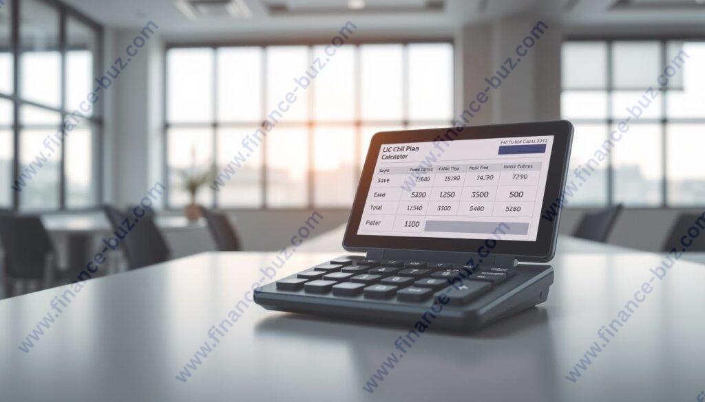 A close-up view of a modern digital calculator displaying the detailed results of an LIC child plan calculator. The calculator screen shows various financial metrics such as projected corpus, estimated returns, and total payouts. The background is a clean, minimalist office setting with soft natural lighting filtering through large windows, creating a calm and professional atmosphere. The calculator is positioned prominently on a sleek, uncluttered desk, conveying a sense of clarity and focus on the task at hand. The overall impression is one of precision, reliability, and thoughtful financial planning for a child's future. A close-up view of a modern digital calculator displaying the detailed results of an LIC child plan calculator. The calculator screen shows various financial metrics such as projected corpus, estimated returns, and total payouts. The background is a clean, minimalist office setting with soft natural lighting filtering through large windows, creating a calm and professional atmosphere. The calculator is positioned prominently on a sleek, uncluttered desk, conveying a sense of clarity and focus on the task at hand. The overall impression is one of precision, reliability, and thoughtful financial planning for a child's future.