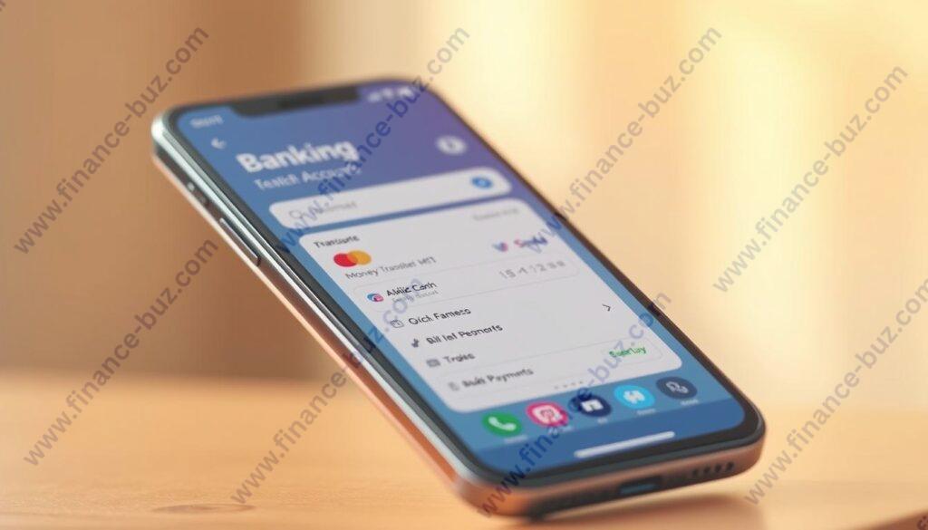 A digital banking app interface showcased on a sleek smartphone device. The foreground displays a clean, minimalist design with intuitive icons and touch-friendly controls. The middle ground features a customer's account dashboard, highlighting transaction history, balance, and quick access to common features like money transfers and bill payments. The background subtly blurs, creating a sense of depth and focus on the app's key functionalities. Warm, natural lighting illuminates the scene, conveying a sense of trust and accessibility. The overall composition evokes a modern, efficient, and user-friendly mobile banking experience. A digital banking app interface showcased on a sleek smartphone device. The foreground displays a clean, minimalist design with intuitive icons and touch-friendly controls. The middle ground features a customer's account dashboard, highlighting transaction history, balance, and quick access to common features like money transfers and bill payments. The background subtly blurs, creating a sense of depth and focus on the app's key functionalities. Warm, natural lighting illuminates the scene, conveying a sense of trust and accessibility. The overall composition evokes a modern, efficient, and user-friendly mobile banking experience.
