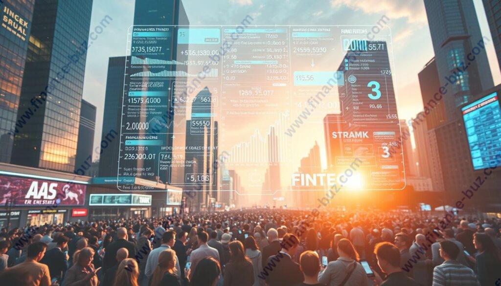 A futuristic cityscape filled with towering skyscrapers and gleaming glass structures. In the foreground, a holographic display showcases a flurry of financial data, algorithms, and digital currency transactions. The middle ground features a bustling crowd of people immersed in their smart devices, interacting with various fintech applications. The background is bathed in a warm, neon-tinged glow, creating an atmosphere of technological innovation and progress. The scene is captured with a wide-angle lens, emphasizing the scale and magnitude of the financial technology revolution unfolding before the viewer.