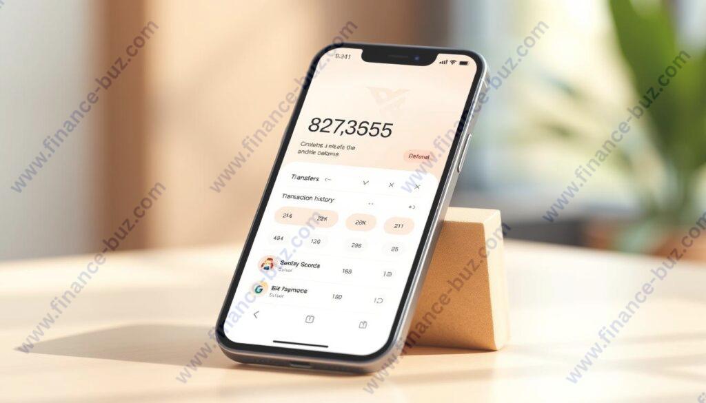 A high-resolution, photo-realistic digital illustration of a modern mobile banking app interface, showcasing a clean and intuitive user experience. The screen layout features a minimalistic design with a prominent balance display, transaction history, and various functional buttons for common banking operations such as transfers, bill payments, and account management. The interface has a warm, inviting color palette with soft gradients and subtle textures, creating a sense of trust and accessibility. The device is rendered in a natural, well-lit environment, with the screen angled slightly towards the viewer, inviting interaction. Overall, the image conveys a seamless and secure mobile banking experience. A high-resolution, photo-realistic digital illustration of a modern mobile banking app interface, showcasing a clean and intuitive user experience. The screen layout features a minimalistic design with a prominent balance display, transaction history, and various functional buttons for common banking operations such as transfers, bill payments, and account management. The interface has a warm, inviting color palette with soft gradients and subtle textures, creating a sense of trust and accessibility. The device is rendered in a natural, well-lit environment, with the screen angled slightly towards the viewer, inviting interaction. Overall, the image conveys a seamless and secure mobile banking experience.