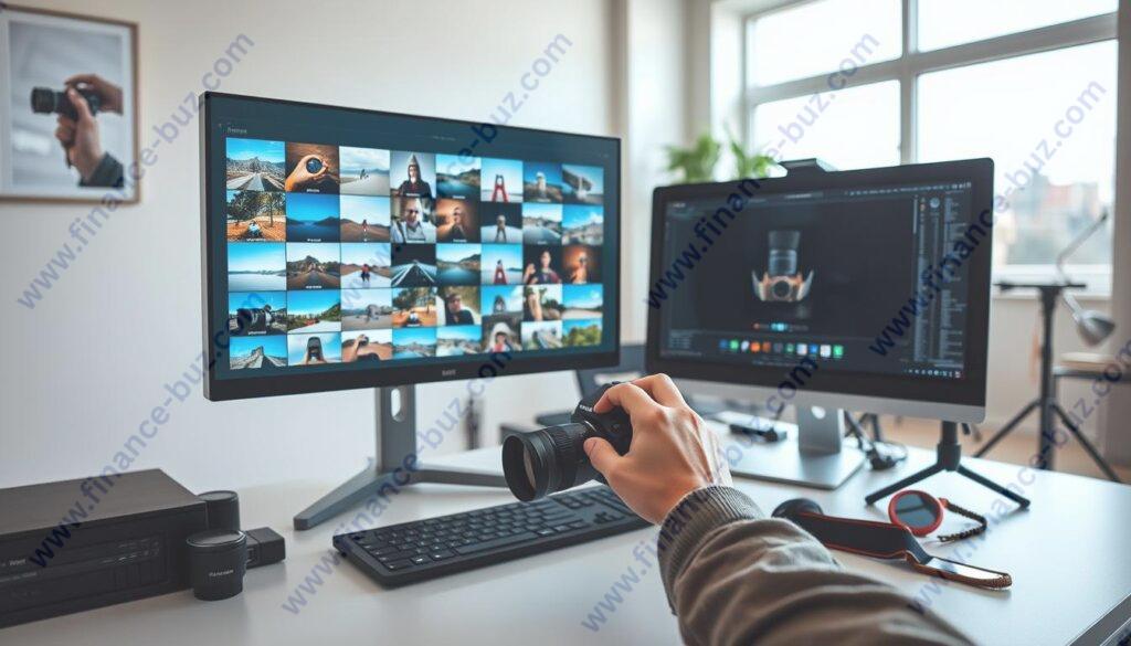 A modern and minimalist home office setting, with a desk and computer monitor displaying a variety of stock images. In the foreground, a person's hands carefully curating and organizing a collection of digital photographs on the screen. The middle ground features neatly arranged camera equipment, lenses, and accessories, indicating a professional photography setup. The background showcases a clean, bright, and airy atmosphere, with large windows allowing natural light to flood the space. The overall mood is one of productivity, creativity, and the potential for financial success in the stock photography industry. A modern and minimalist home office setting, with a desk and computer monitor displaying a variety of stock images. In the foreground, a person's hands carefully curating and organizing a collection of digital photographs on the screen. The middle ground features neatly arranged camera equipment, lenses, and accessories, indicating a professional photography setup. The background showcases a clean, bright, and airy atmosphere, with large windows allowing natural light to flood the space. The overall mood is one of productivity, creativity, and the potential for financial success in the stock photography industry.
