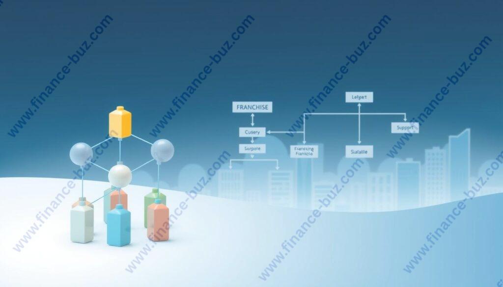 A modern, minimalist illustration showcasing the franchise business model. In the foreground, a clean, geometric 3D rendering of an interconnected network of franchise units, each one a distinct shape and color, symbolizing the franchise system. In the middle ground, a simplified organizational chart depicting the franchise-franchisee relationship, with clear delineations of responsibilities and support. The background features a soft, gradient-based cityscape, hinting at the diverse locations and scalability inherent in a franchise operation. The overall scene is bathed in a cool, professional color palette, conveying the structured, systematic nature of franchising in 2025. A modern, minimalist illustration showcasing the franchise business model. In the foreground, a clean, geometric 3D rendering of an interconnected network of franchise units, each one a distinct shape and color, symbolizing the franchise system. In the middle ground, a simplified organizational chart depicting the franchise-franchisee relationship, with clear delineations of responsibilities and support. The background features a soft, gradient-based cityscape, hinting at the diverse locations and scalability inherent in a franchise operation. The overall scene is bathed in a cool, professional color palette, conveying the structured, systematic nature of franchising in 2025.
