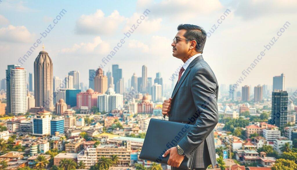A panoramic view of a bustling Indian city skyline, with modern high-rise buildings and traditional architectural elements blending seamlessly. In the foreground, a well-dressed businessman stands confidently, briefcase in hand, overlooking the vibrant cityscape. The middle ground features a diverse array of small and medium-sized enterprises, representing the diverse investment opportunities available in India. The background is illuminated by a warm, golden light, conveying a sense of growth, opportunity, and optimism. The scene is captured with a wide-angle lens, emphasizing the scale and potential of the Indian business landscape. A panoramic view of a bustling Indian city skyline, with modern high-rise buildings and traditional architectural elements blending seamlessly. In the foreground, a well-dressed businessman stands confidently, briefcase in hand, overlooking the vibrant cityscape. The middle ground features a diverse array of small and medium-sized enterprises, representing the diverse investment opportunities available in India. The background is illuminated by a warm, golden light, conveying a sense of growth, opportunity, and optimism. The scene is captured with a wide-angle lens, emphasizing the scale and potential of the Indian business landscape.