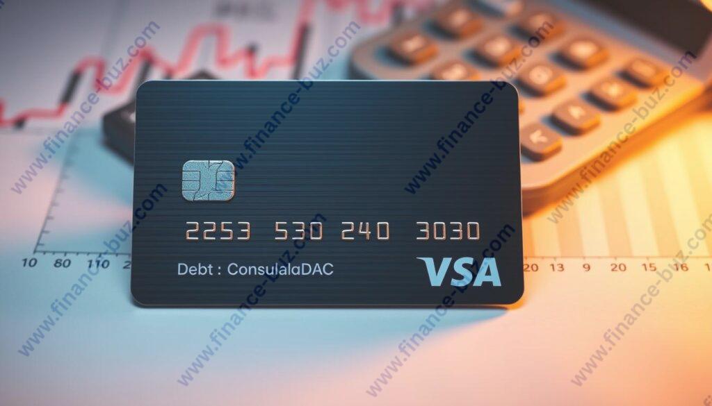 A sleek, minimalist credit card with a financial graph and a calculator backdrop, illuminated by warm, directional lighting. The card's surface reflects a sense of control and organization, suggesting the consolidation of high-interest debt. The graph visualizes the financial progress, while the calculator symbolizes the careful planning and calculations involved in the debt consolidation process. The overall composition conveys a mood of confidence, stability, and a newfound financial empowerment.