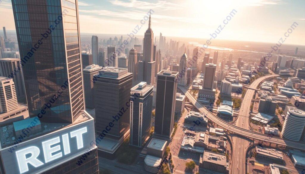 A sprawling cityscape with gleaming skyscrapers and modern high-rises, representing the dynamic world of Real Estate Investment Trusts (REITs). In the foreground, a bustling office building with sleek glass facades and a prominent REIT logo. In the middle ground, a diverse array of commercial properties, from shopping malls to industrial parks, all interconnected by a network of roads and highways. The background is dominated by a vibrant skyline, with the sun casting a warm, golden glow over the entire scene, conveying a sense of prosperity and growth. The lighting is crisp and directional, highlighting the architectural details and creating depth and dimensionality. The camera angle is slightly elevated, providing an expansive, bird's-eye view of the REIT landscape.