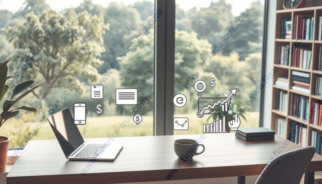 A tranquil, modern home office with a large window overlooking a lush, verdant landscape. Soft, natural lighting filters in, creating a serene ambiance. On the desk, a laptop, a cup of coffee, and various passive income-generating icons, such as a mobile app, an e-commerce website, and a stock chart. In the background, a bookshelf filled with finance and entrepreneurship books. The atmosphere is one of contemplation, productivity, and the promise of financial independence.