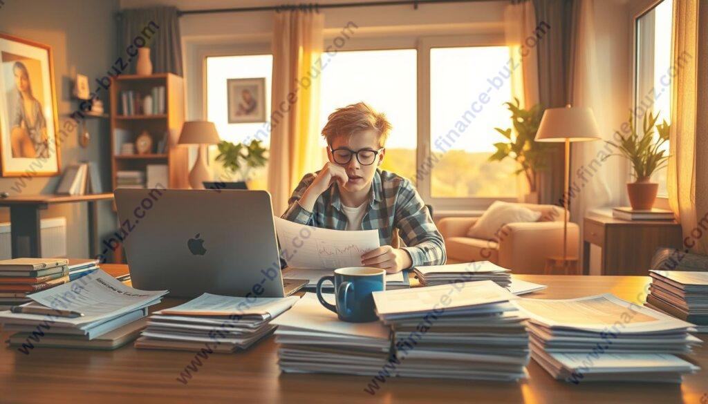 A vibrant and dynamic scene of a teenager engrossed in a variety of entrepreneurial pursuits. In the foreground, a well-lit desk showcases a laptop, stacks of paperwork, and a cup of coffee, conveying a sense of focused intensity. The middle ground features the teen, dressed in casual attire, deep in thought as they pore over financial documents and brainstorm ideas. In the background, a cozy, modern home office setting with tasteful decor and an inspiring view through a large window, bathed in warm, golden lighting. The overall atmosphere exudes a blend of determination, creativity, and the excitement of embarking on a side hustle journey.