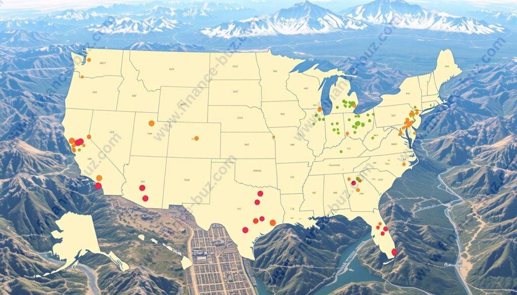 A vibrant, data-driven map of the United States, showcasing the distribution of Real Estate Investment Trust (REIT) jobs across the country. The map is rendered in a realistic style, with clear state boundaries and geographical features. The foreground depicts color-coded data points, representing the concentration of REIT jobs in each state, ranging from low to high. The middle ground features major cities and metropolitan areas, highlighting the hubs of REIT employment. The background provides a detailed, topographical rendering of the American landscape, with mountain ranges, rivers, and coastlines. The overall composition conveys a sense of scale and scope, inviting the viewer to explore the intricate landscape of REIT job opportunities across the nation.