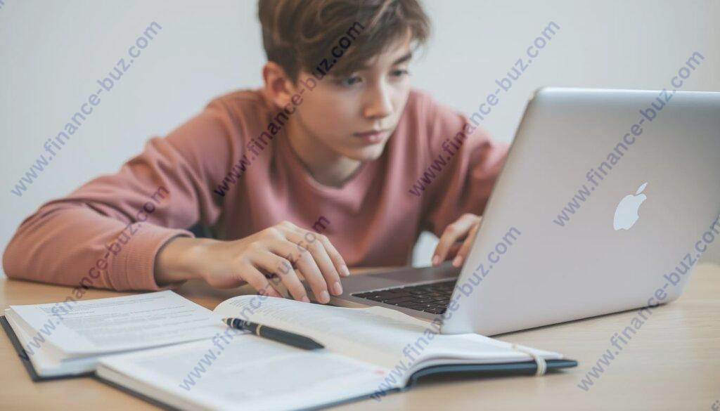 An image of a teenager typing on a laptop with a notebook and pen nearby