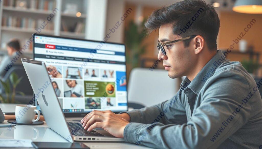 Create an image of a person working on a laptop with affiliate marketing and dropshipping websites open.