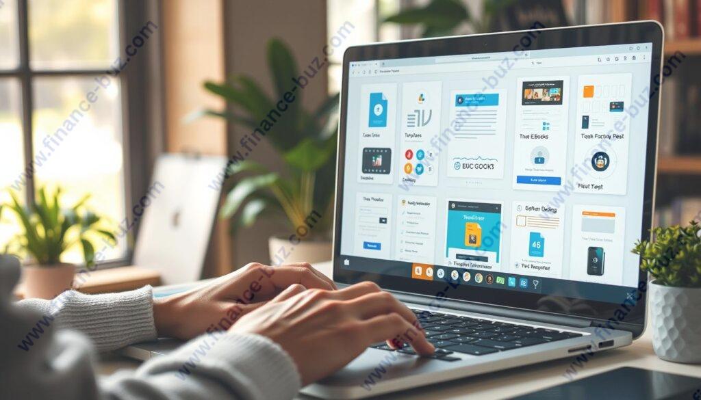 Create an image of a person working on a laptop with various digital products like e-books, templates, and software designs on the screen.