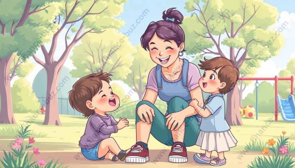 Create an image of a teen babysitter playing with kids at a park.
