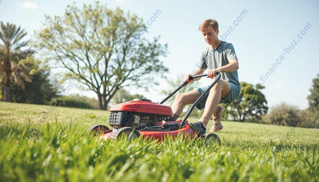 Create an image of a teen mowing a lawn.