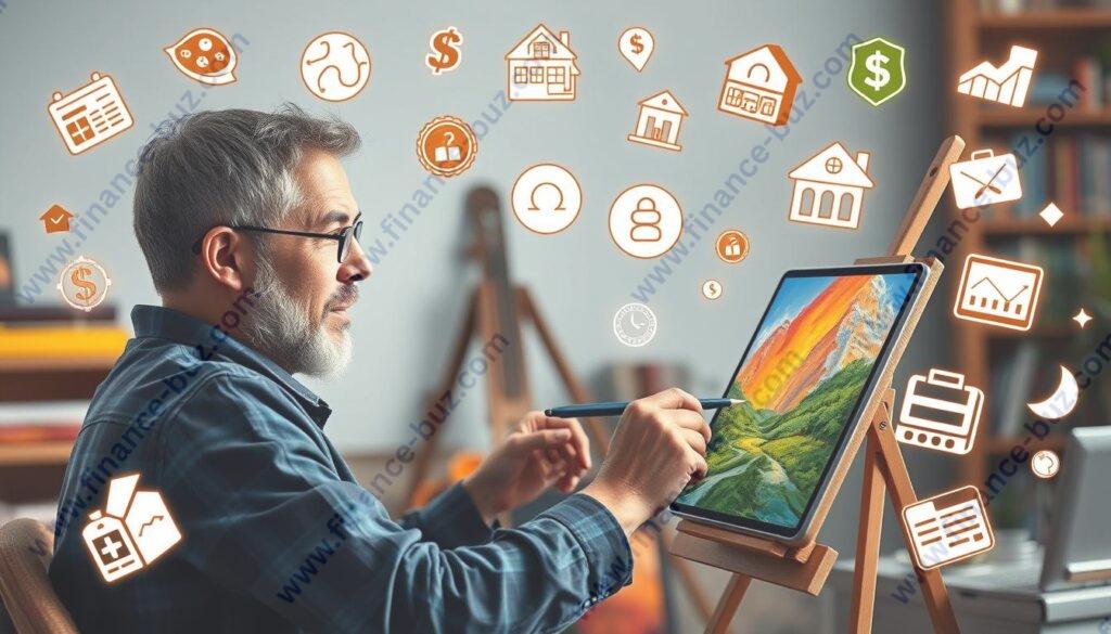 Create an image of an artist working on a digital painting on a tablet, with various passive income-related icons floating around.