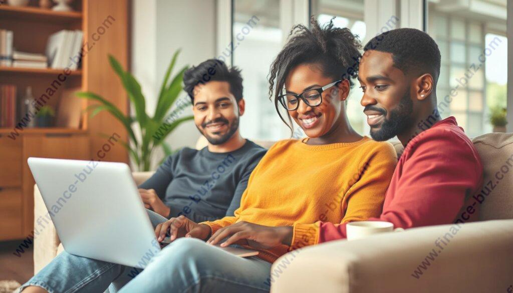 Finance Buz homepage showing a person comfortably managing their finances on a laptop