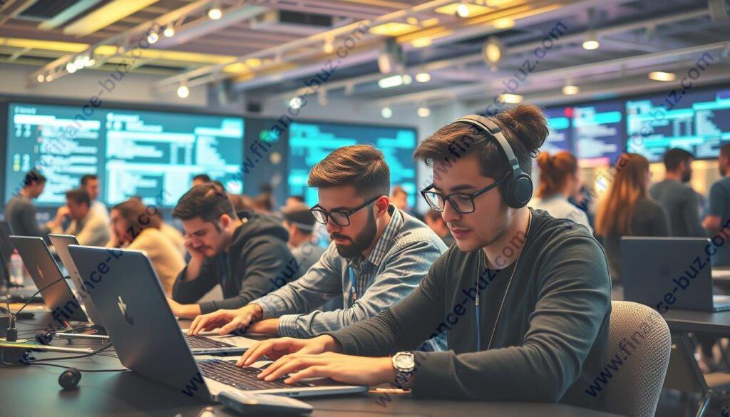 Generate an image of a fintech hackathon event with participants working on laptops and collaborating.