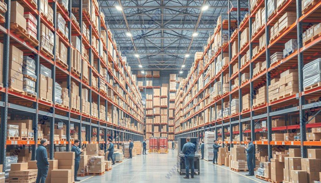 Generate an image of a modern e-commerce warehouse with diverse products and efficient logistics. Generate an image of a modern e-commerce warehouse with diverse products and efficient logistics.