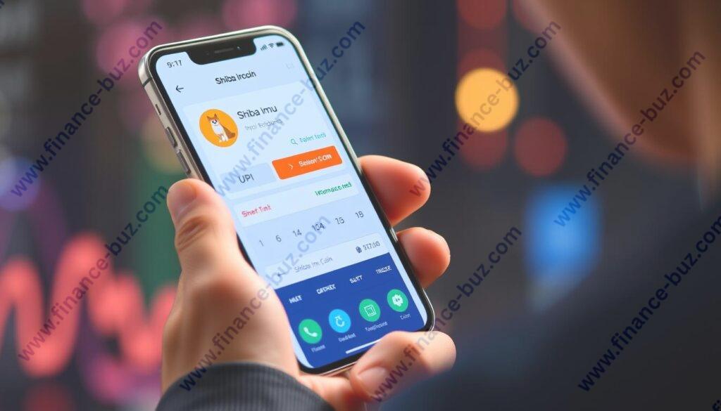 Generate an image of a person using a smartphone to buy Shiba Inu Coin through UPI on a cryptocurrency exchange platform.