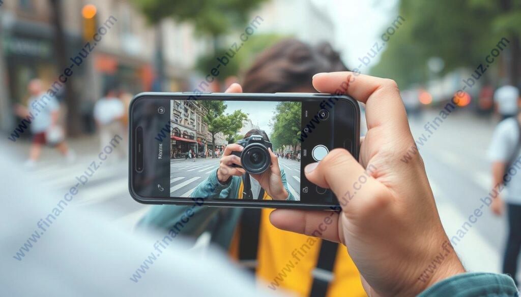 Generate an image of a photographer contributing to an EyeEm mission on their mobile device. Generate an image of a photographer contributing to an EyeEm mission on their mobile device.