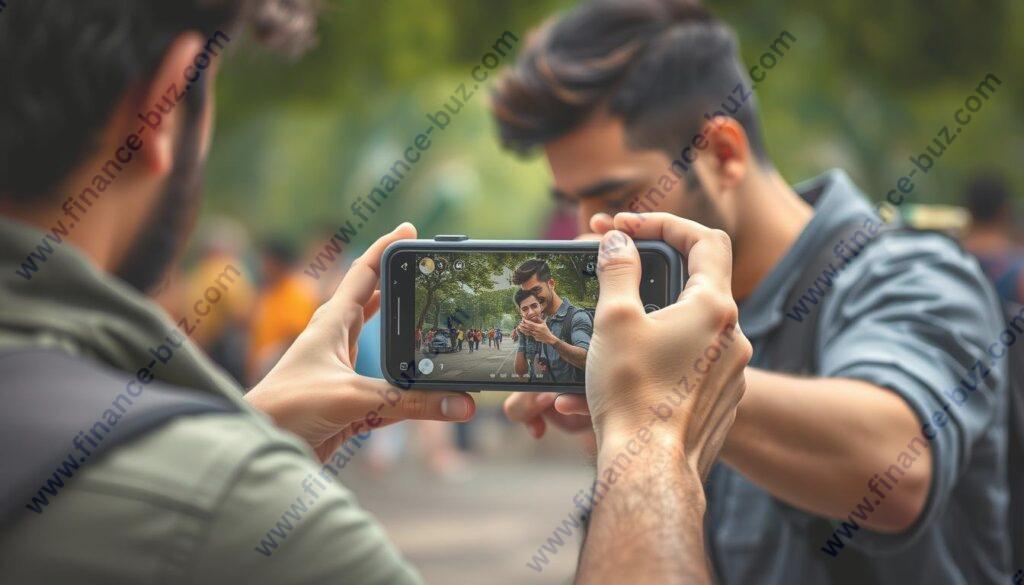 Generate an image of a photographer participating in a Foap mission on their smartphone. Generate an image of a photographer participating in a Foap mission on their smartphone.