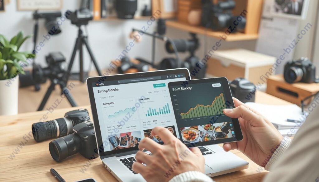 Generate an image of a photographer reviewing their earnings on Stocksy's website. Generate an image of a photographer reviewing their earnings on Stocksy's website.