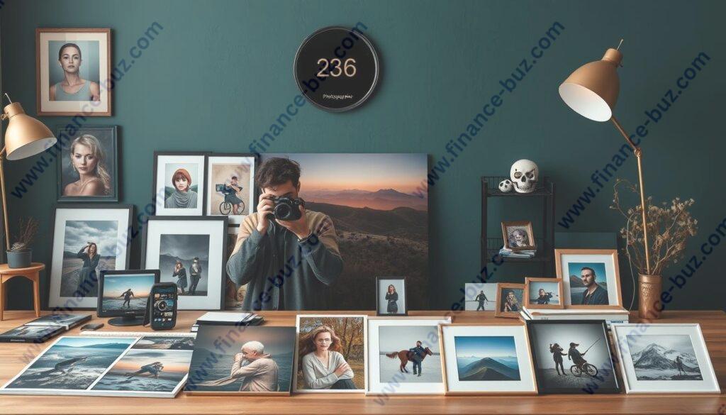 Generate an image of a photographer selling photo prints and products online. Generate an image of a photographer selling photo prints and products online.