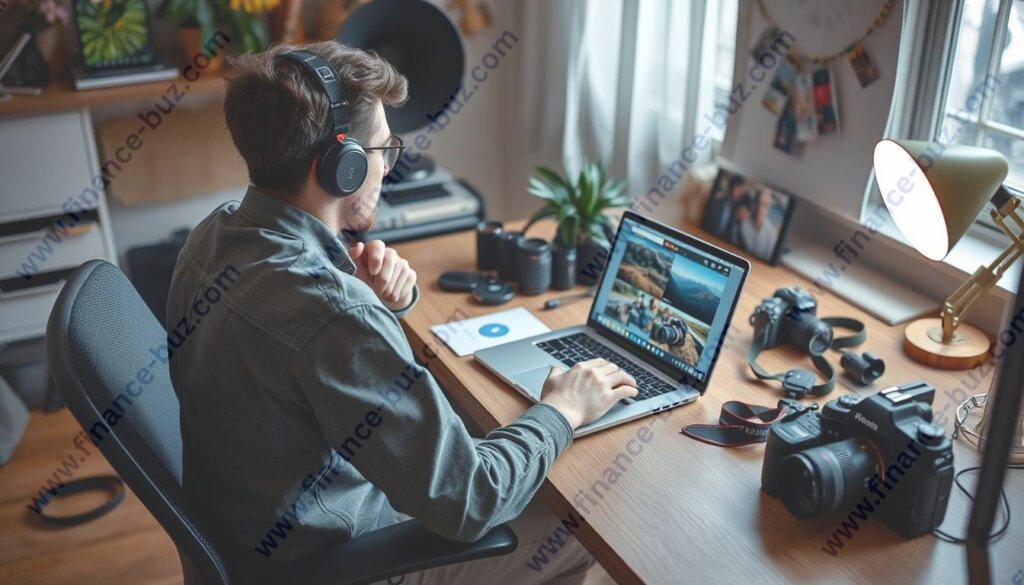 Generate an image of a photographer uploading photos to 500px on their laptop. Generate an image of a photographer uploading photos to 500px on their laptop.