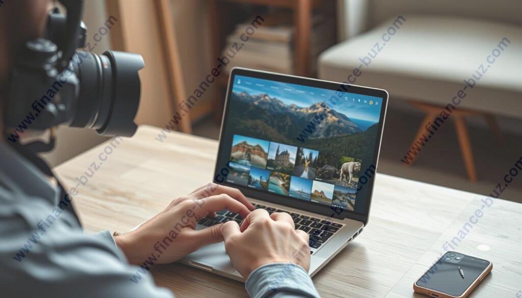 Generate an image of a photographer uploading photos to a niche sales platform on their laptop. Generate an image of a photographer uploading photos to a niche sales platform on their laptop.