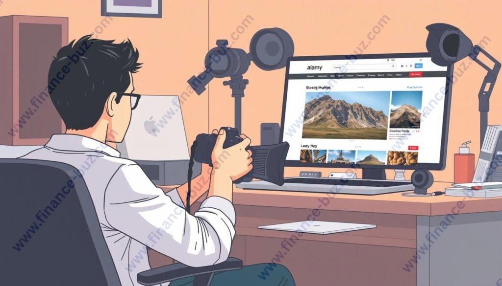 Generate an image of a photographer uploading their work to Alamy's website. Generate an image of a photographer uploading their work to Alamy's website.