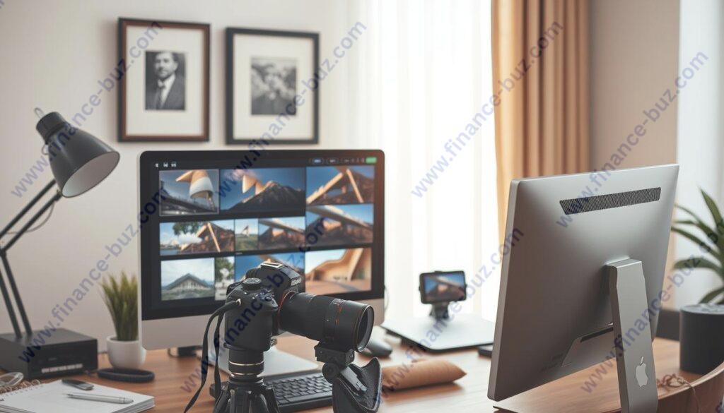 Generate an image of a photographer uploading their work to a premium stock photography platform. Generate an image of a photographer uploading their work to a premium stock photography platform.
