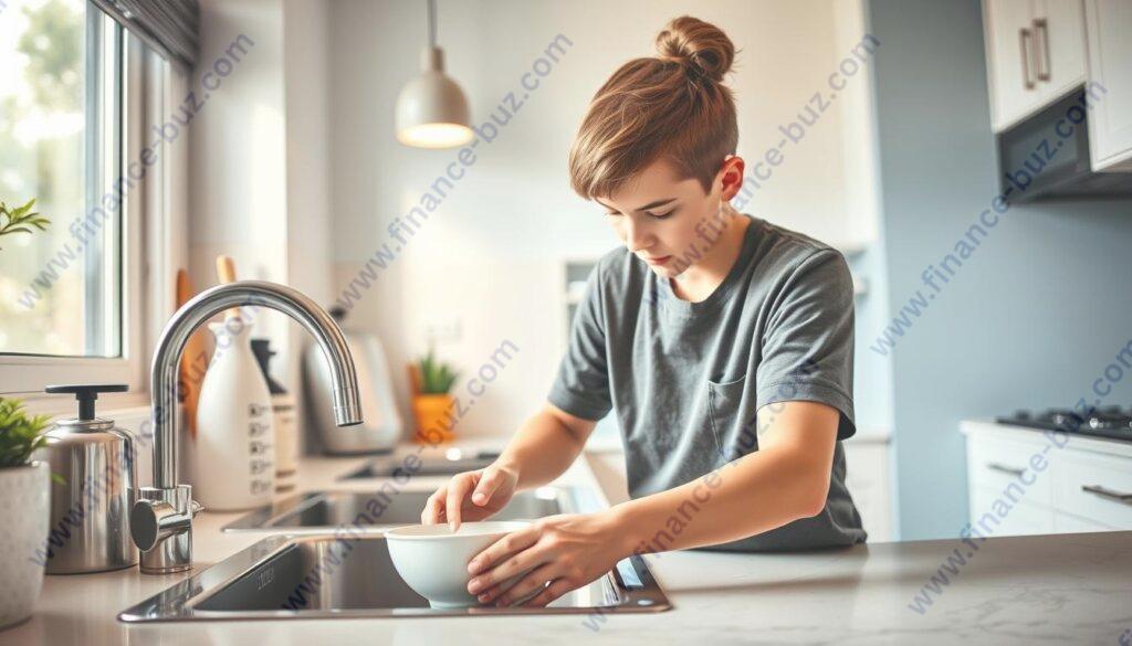 Generate an image of a teen cleaning a kitchen.