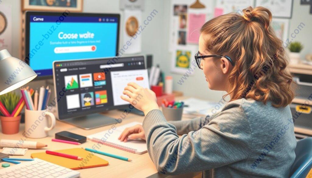 Generate an image of a teen designing a printable planner on Canva