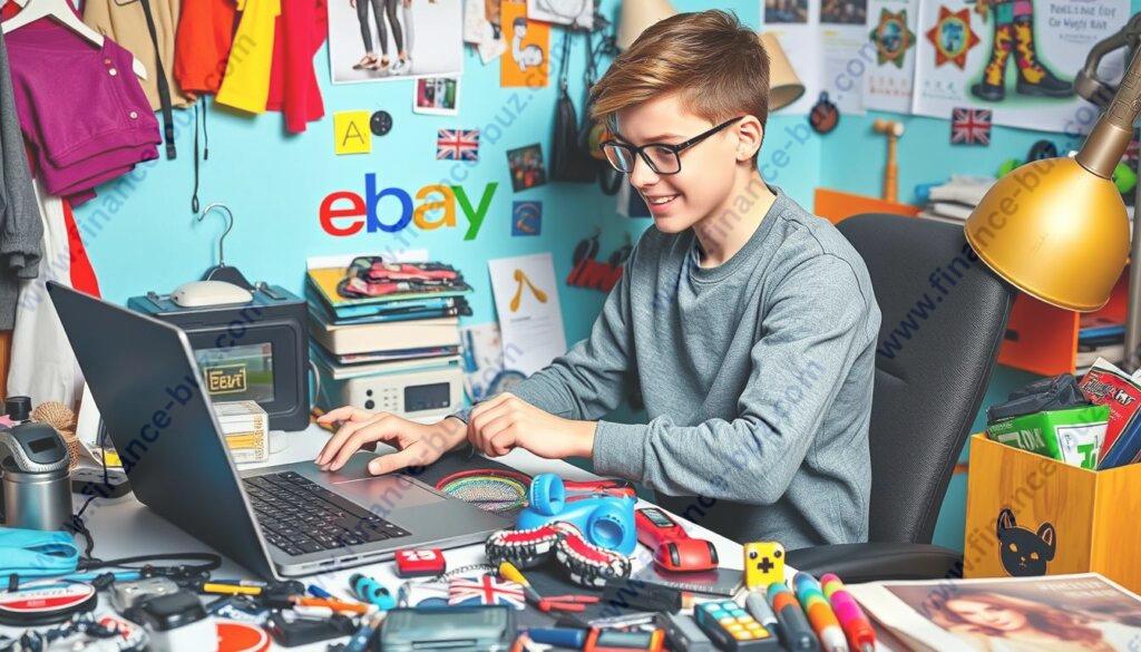 Generate an image of a teen organizing items on eBay on their laptop