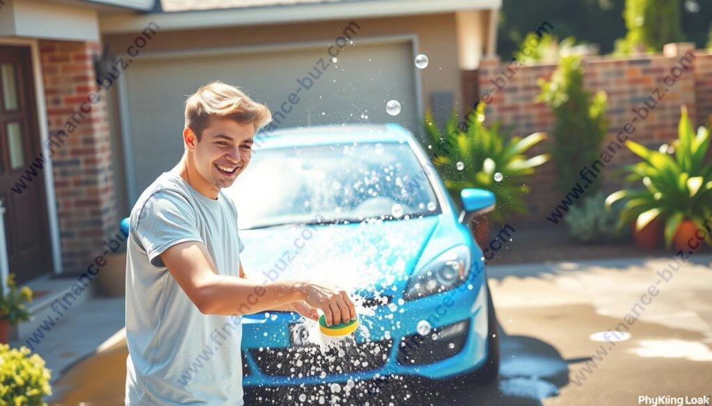 Generate an image of a teen washing a car in a driveway.
