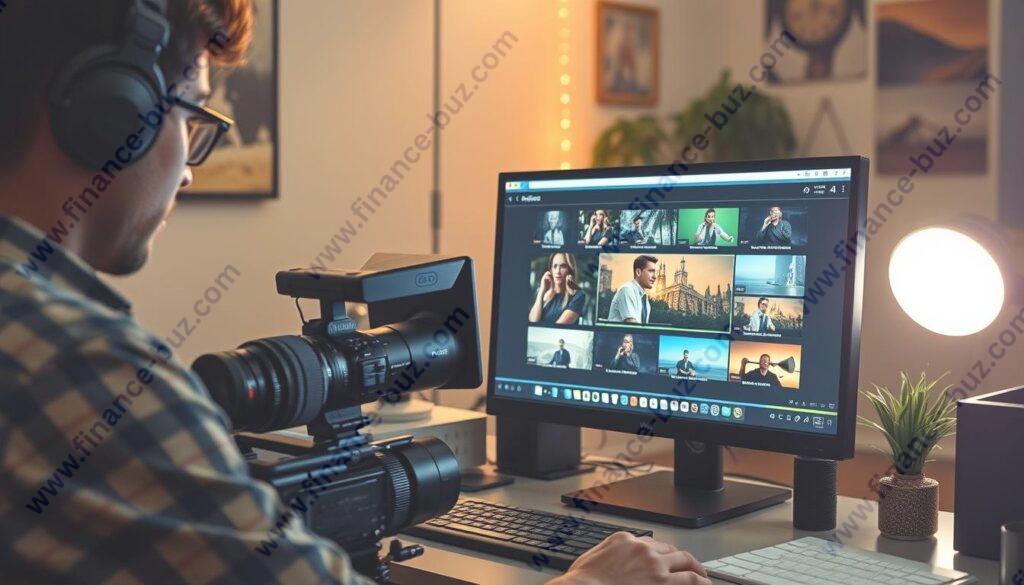 Generate an image of a videographer uploading content to Pond5 Generate an image of a videographer uploading content to Pond5