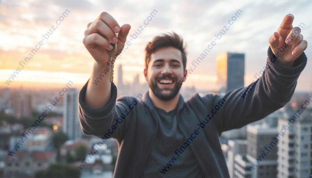Image of a person holding a key to a new home with a cityscape in the background