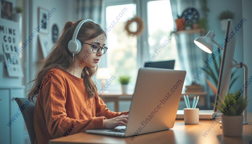 Image of a teen working as a virtual assistant on a laptop